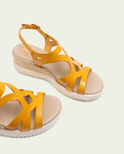 ESTELA MUSTARD WEDGE HEEL LEATHER SANDALS