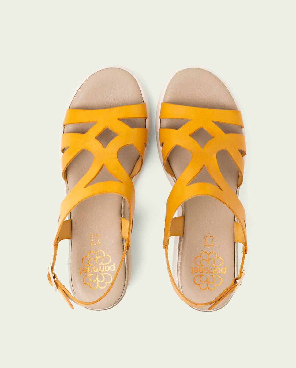 ESTELA MUSTARD WEDGE HEEL LEATHER SANDALS