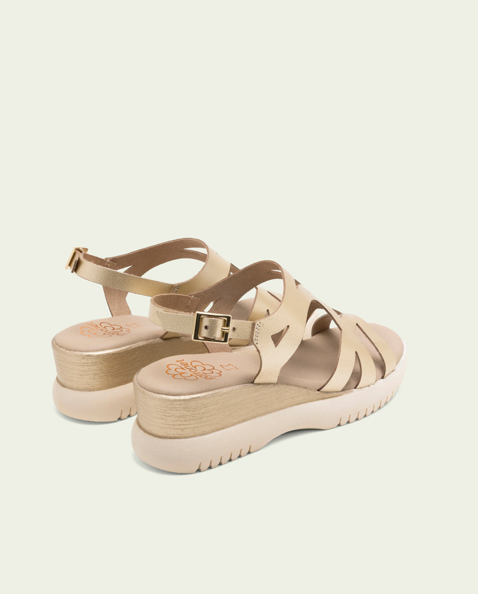 ESTELA GOLD WEDGE HEEL LEATHER SANDALS