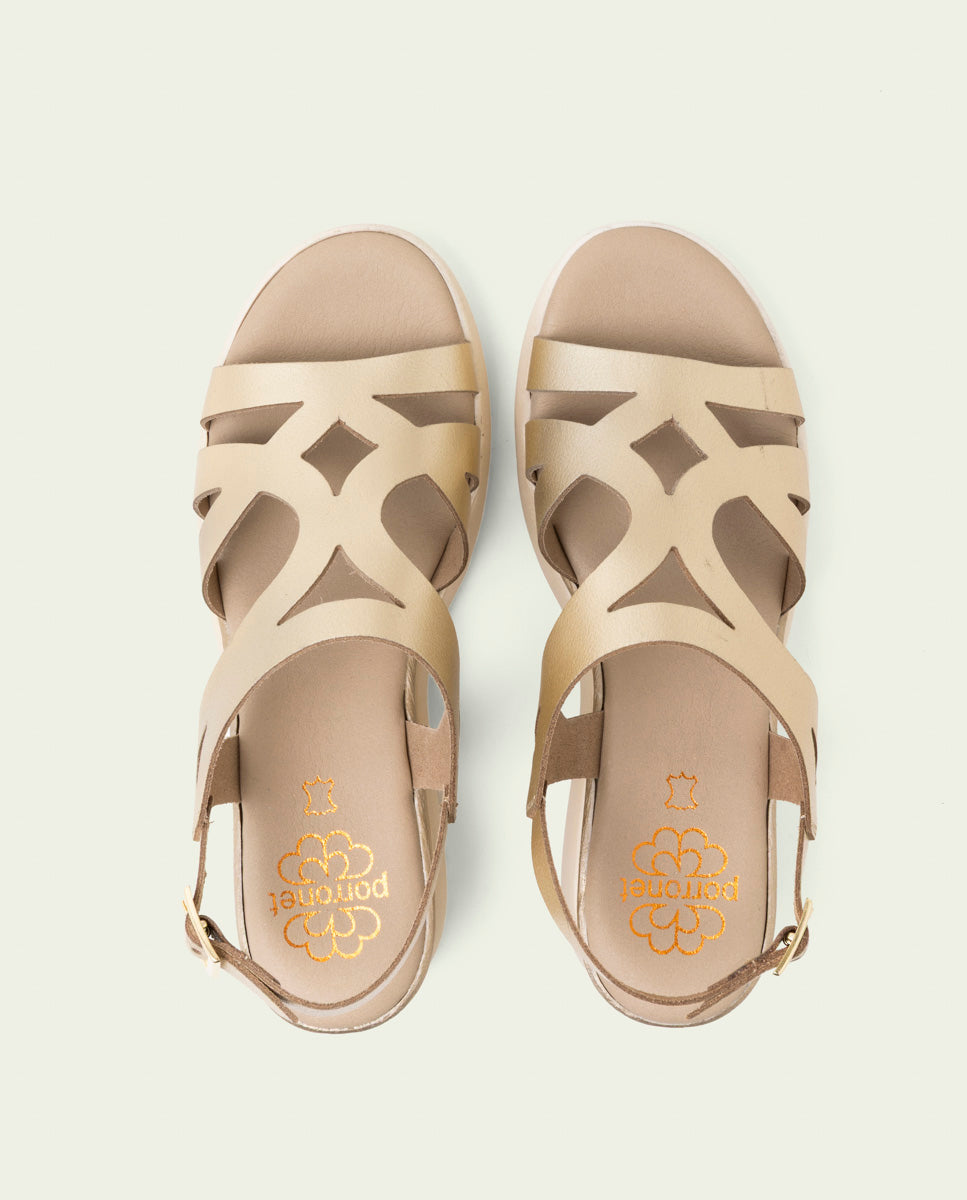 ESTELA GOLD WEDGE HEEL LEATHER SANDALS