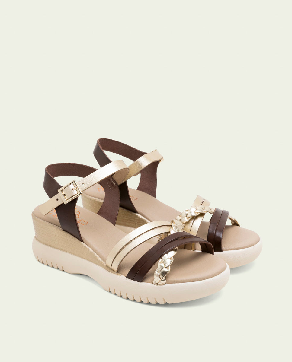 BRAIDED MOKA GOLD WEDGE HEEL LEATHER SANDALS