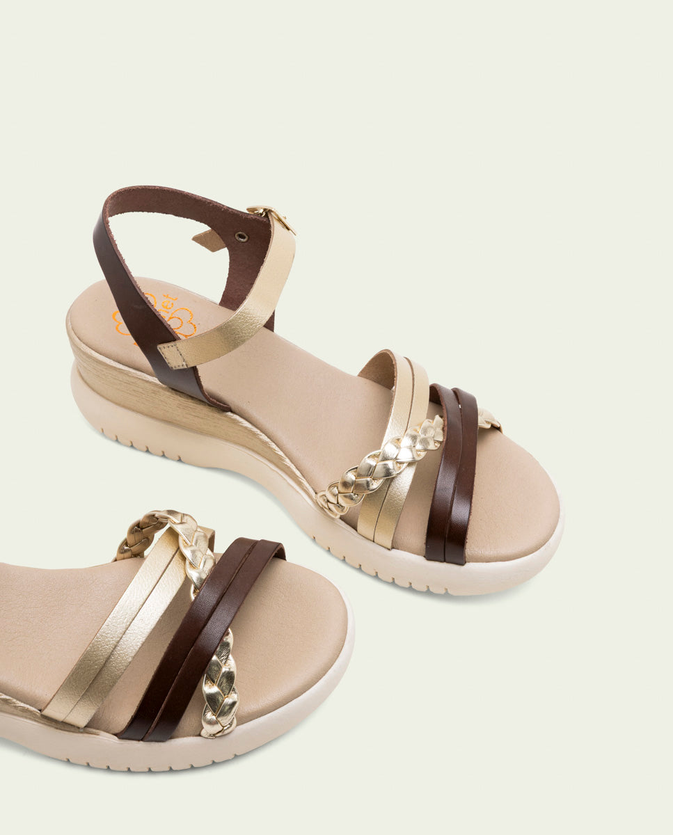 BRAIDED MOKA GOLD WEDGE HEEL LEATHER SANDALS