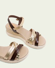BRAIDED MOKA GOLD WEDGE HEEL LEATHER SANDALS
