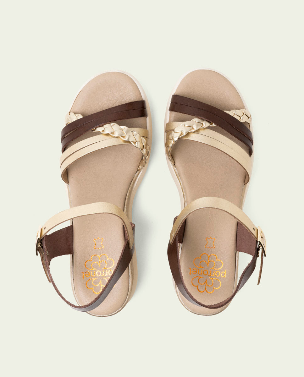 BRAIDED MOKA GOLD WEDGE HEEL LEATHER SANDALS