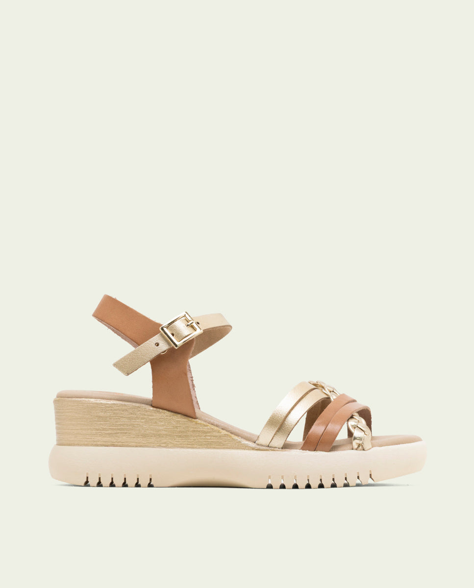 BERTA TAUPE GOLD WEDGE HEEL LEATHER SANDALS