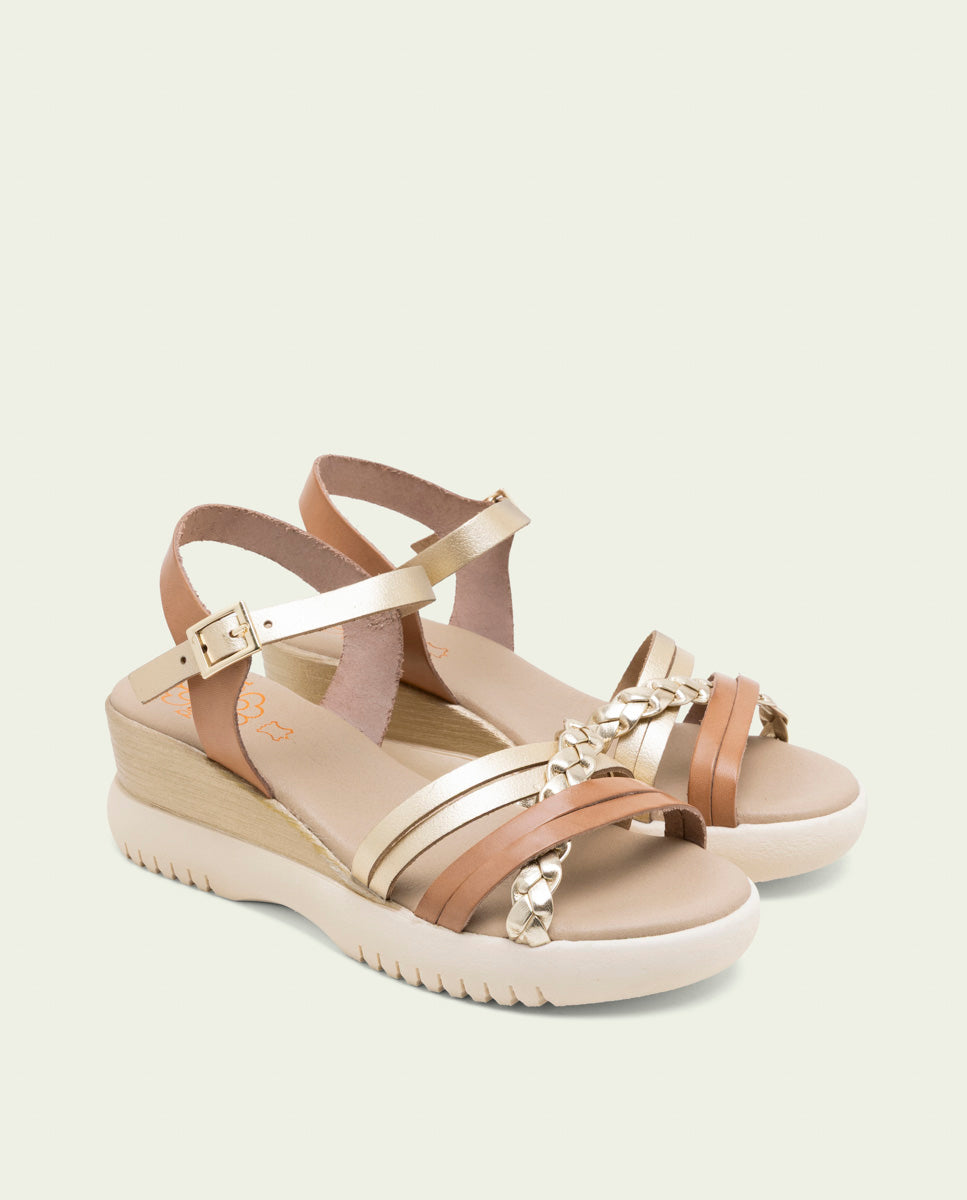BERTA TAUPE GOLD WEDGE HEEL LEATHER SANDALS