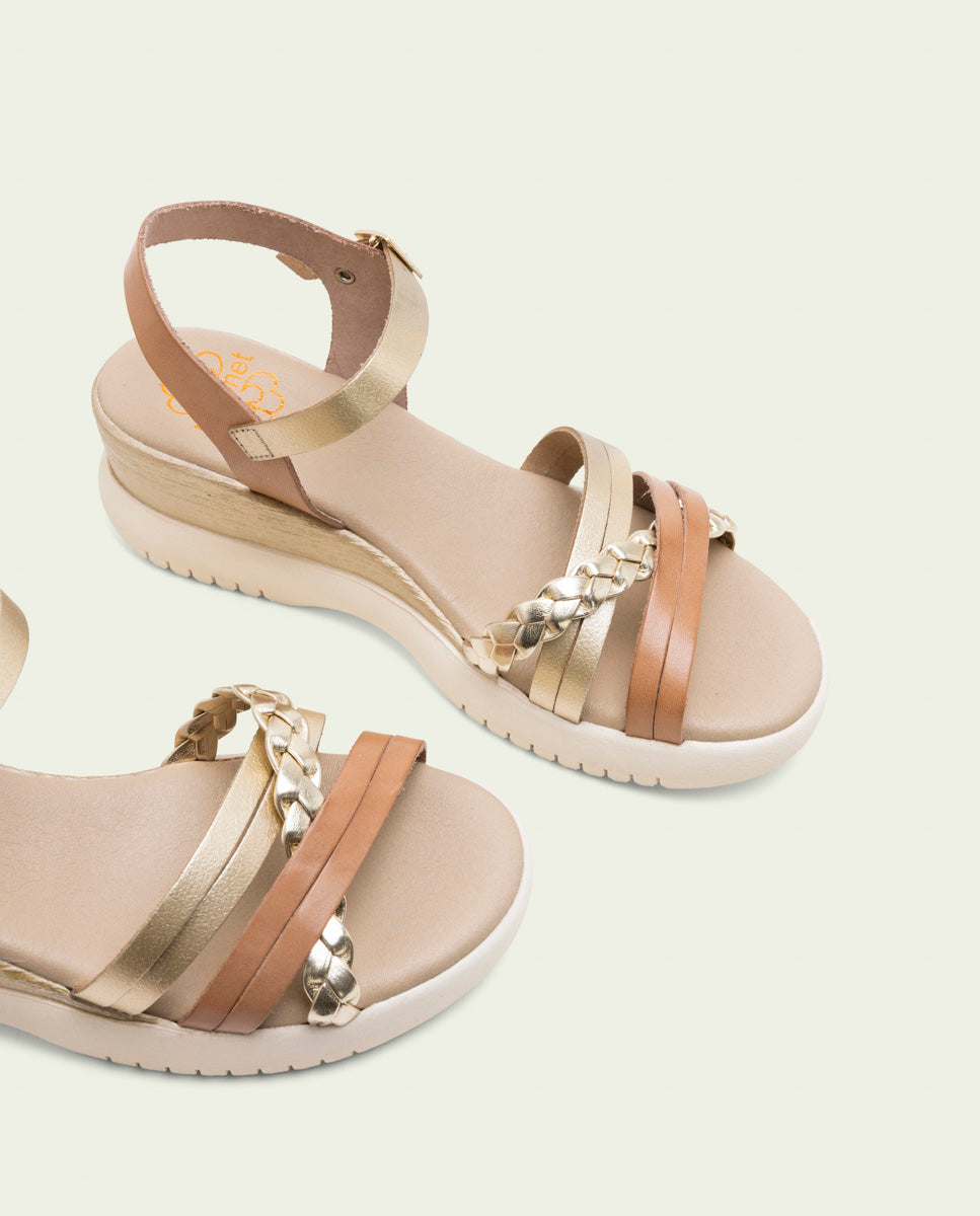 BERTA TAUPE GOLD WEDGE HEEL LEATHER SANDALS
