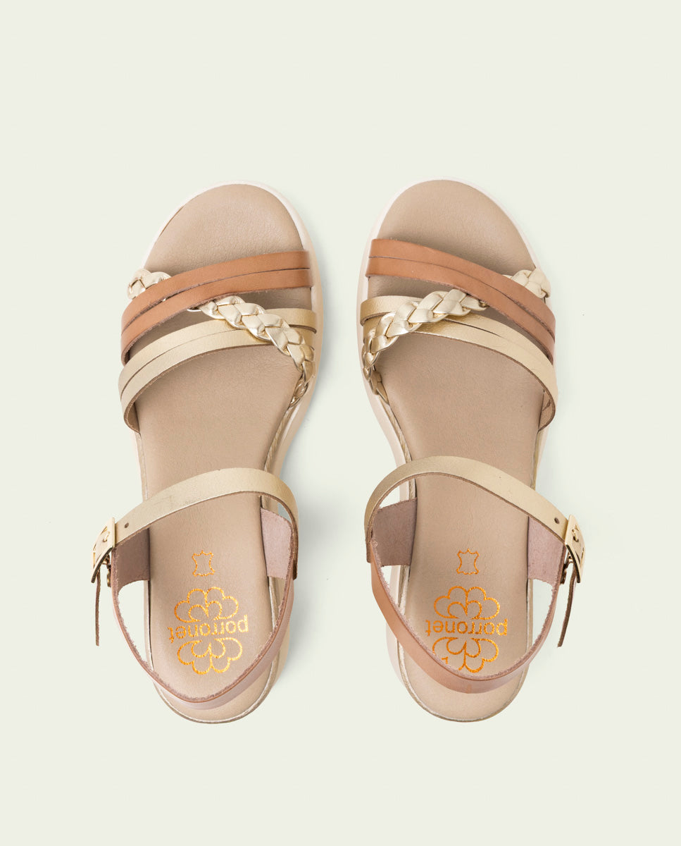 BERTA TAUPE GOLD WEDGE HEEL LEATHER SANDALS