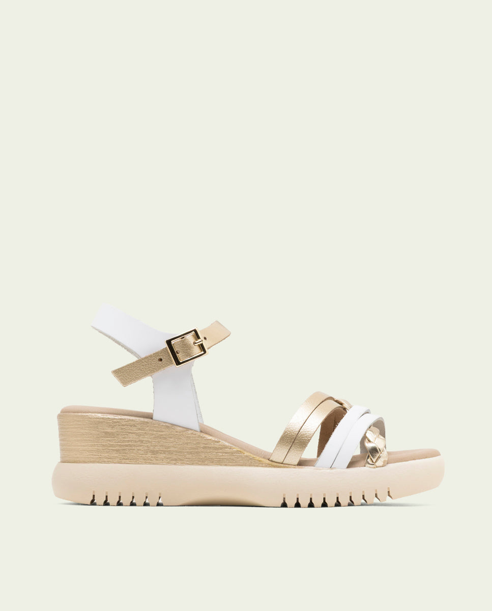 BERTA WHITE GOLD WEDGE HEEL LEATHER SANDALS