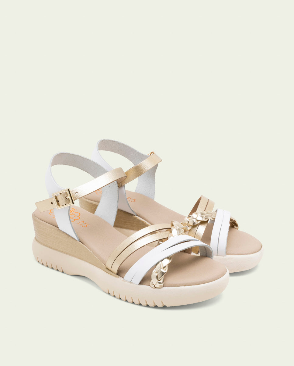 BERTA WHITE GOLD WEDGE HEEL LEATHER SANDALS