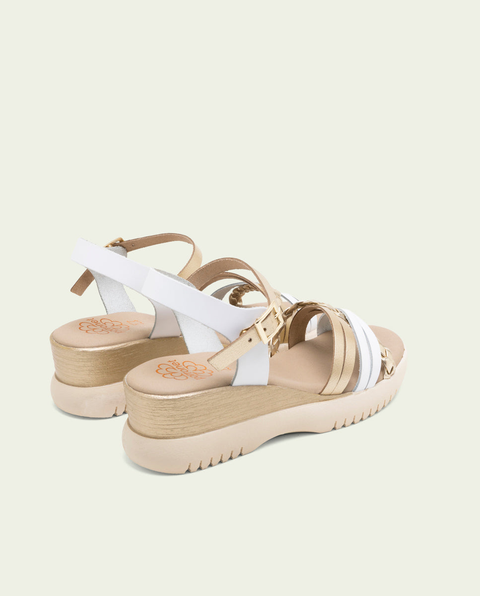 BERTA WHITE GOLD WEDGE HEEL LEATHER SANDALS