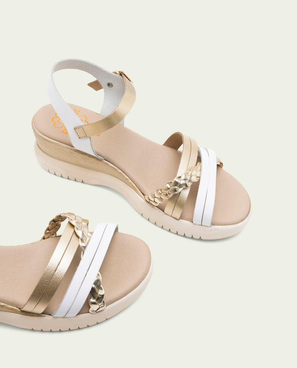 BERTA WHITE GOLD WEDGE HEEL LEATHER SANDALS