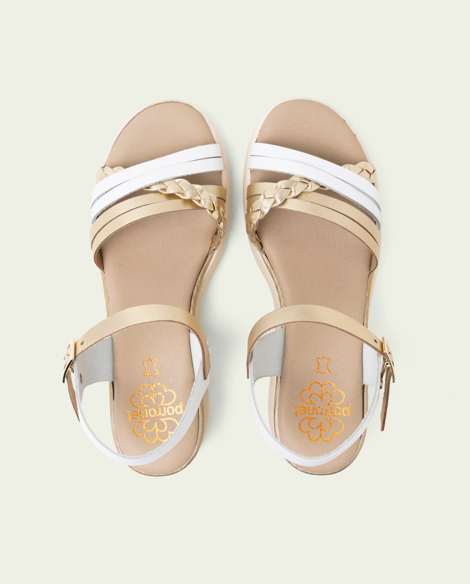 BERTA WHITE GOLD WEDGE HEEL LEATHER SANDALS