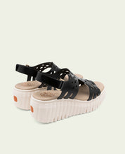PERFORATED ELENA BLACK WEDGE HEEL LEATHER SANDALS