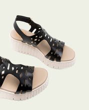 PERFORATED ELENA BLACK WEDGE HEEL LEATHER SANDALS