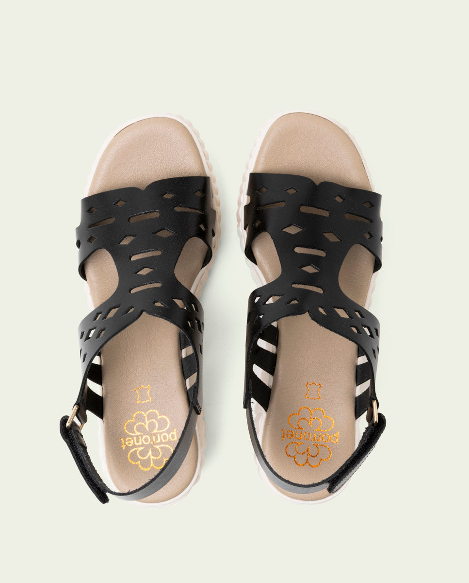SANDALES À TALONS COMPENSÉS EN CUIR PERFORÉ ELENA NOIR