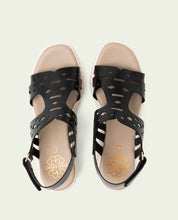 PERFORATED ELENA BLACK WEDGE HEEL LEATHER SANDALS