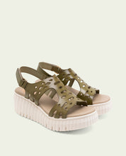 PERFORATED ELENA KHAKI WEDGE HEEL LEATHER SANDALS