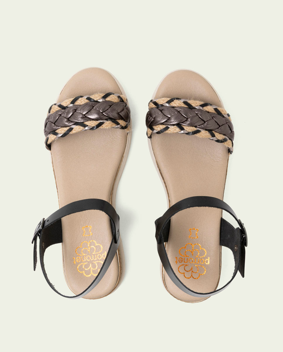 SANDALES À TALONS COMPENSÉS EN CUIR FLAVIA NOIR