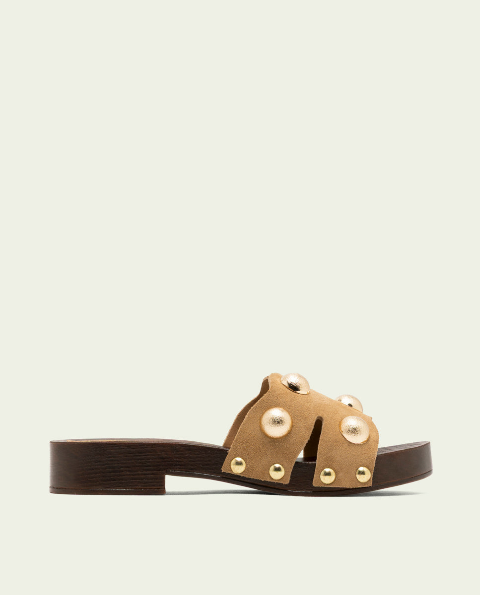 GIANNA CAMEL STUDDED LEATHER HEEL SANDAL