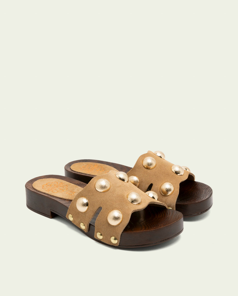GIANNA CAMEL STUDDED LEATHER HEEL SANDAL