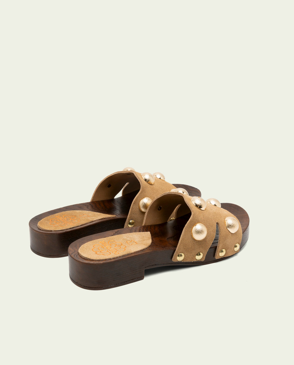 GIANNA CAMEL STUDDED LEATHER HEEL SANDAL