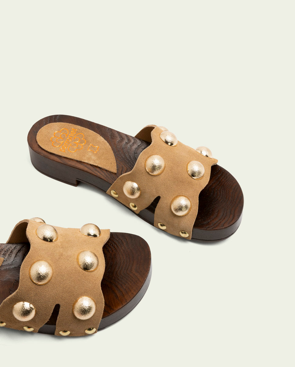 GIANNA CAMEL STUDDED LEATHER HEEL SANDAL