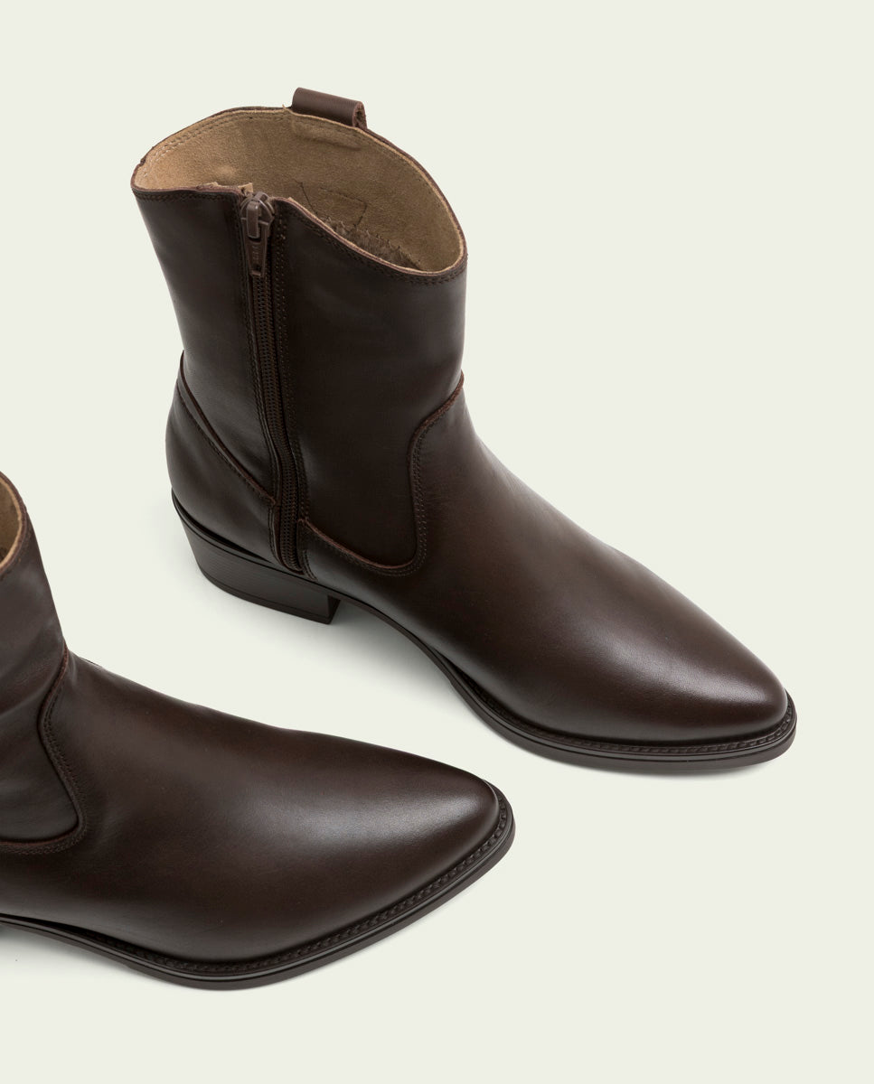 MARTA MOCHA LEATHER ANKLE BOOTS WITH ZIP