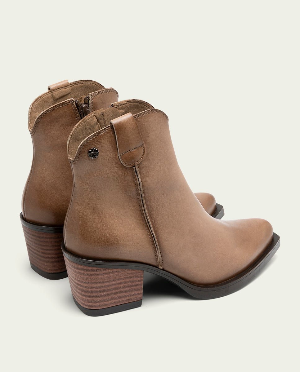 NATALIA TAUPE LEATHER COWBOY ANKLE BOOTS WITH ZIP