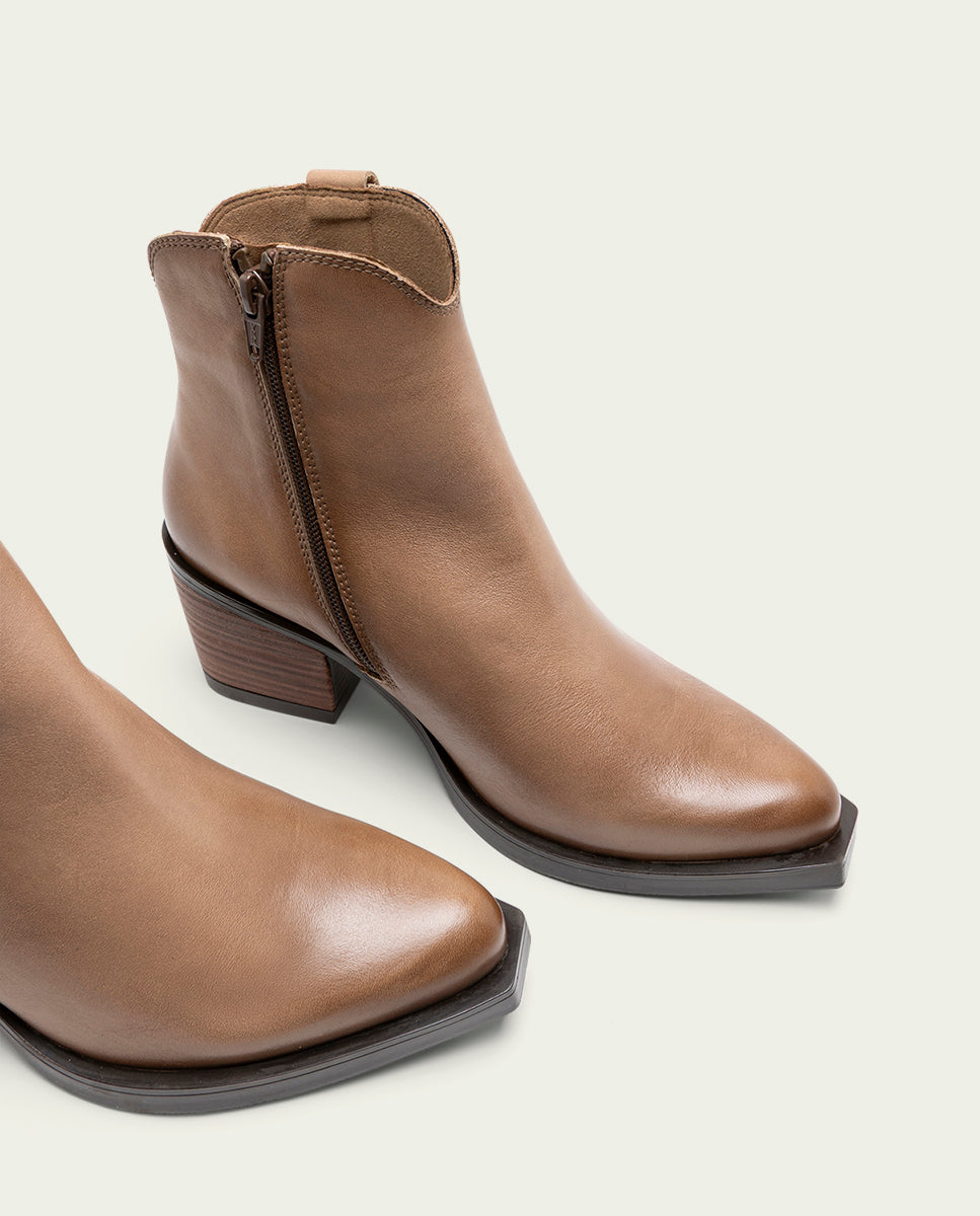 NATALIA TAUPE LEATHER COWBOY ANKLE BOOTS WITH ZIP