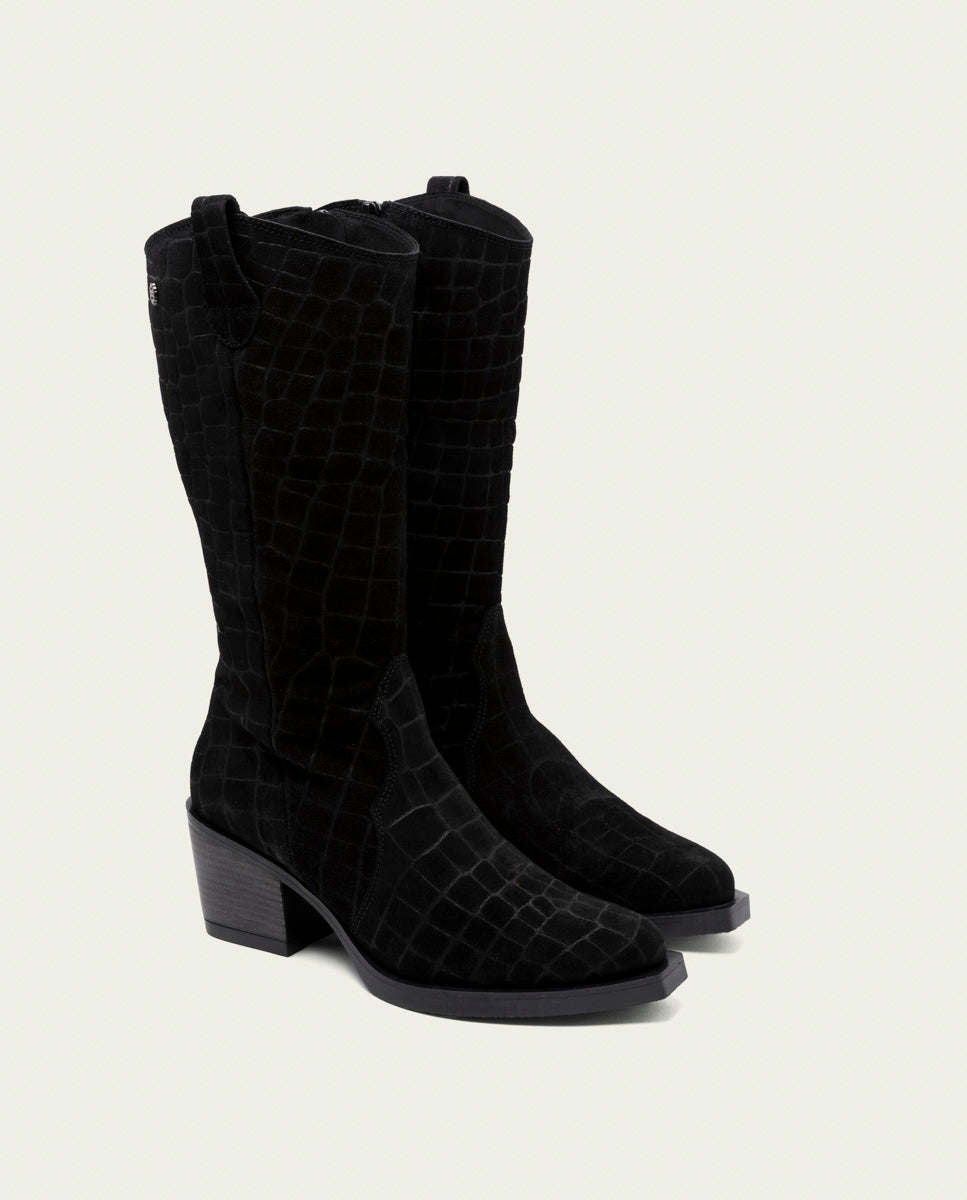 Black Nuria Leather Cowboy Boots with Zipper