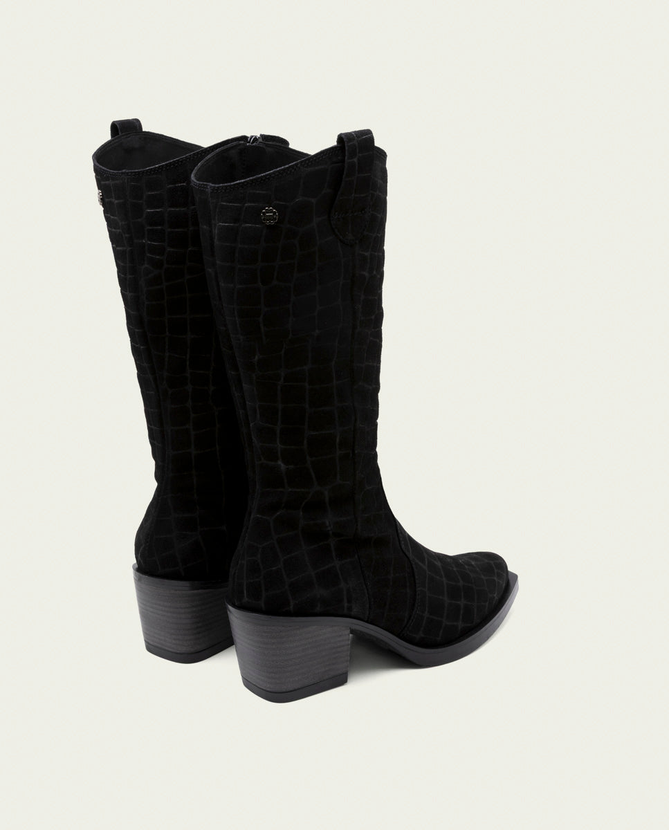 Black Nuria Leather Cowboy Boots with Zipper