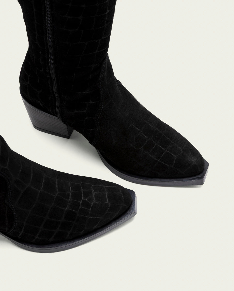 Black Nuria Leather Cowboy Boots with Zipper