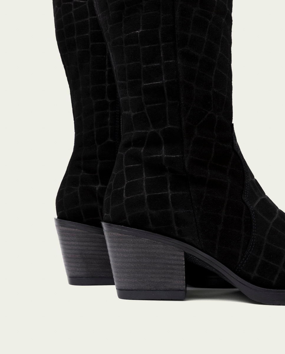 Black Nuria Leather Cowboy Boots with Zipper
