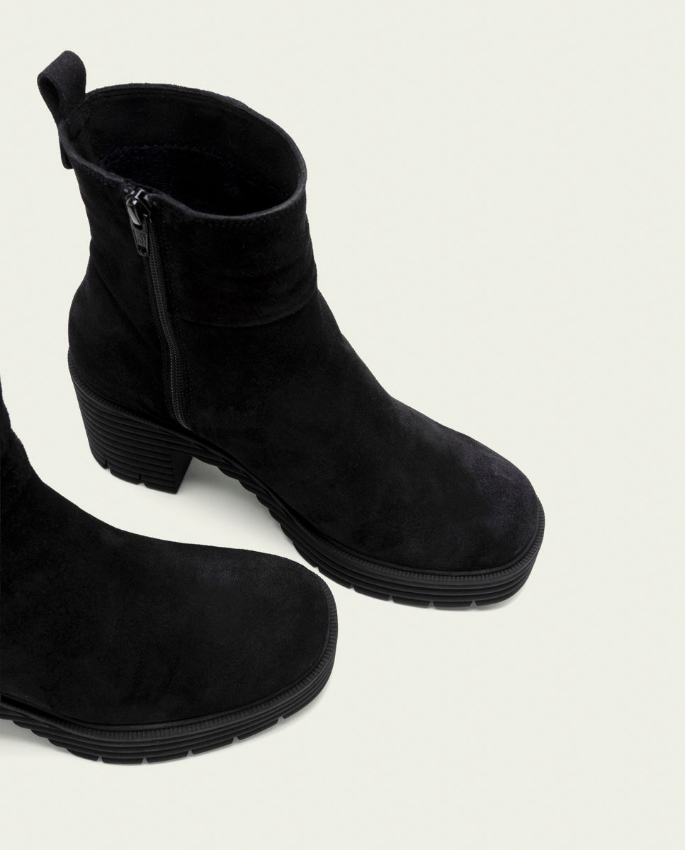 BLACK SALMA LEATHER HEEL ZIPPER ANKLE BOOTS