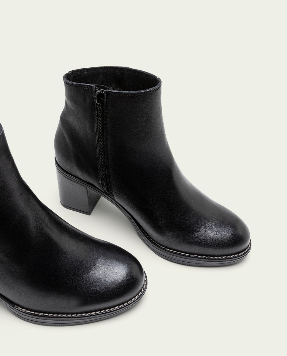 BLACK TERESA LEATHER HEEL ANKLE BOOTS