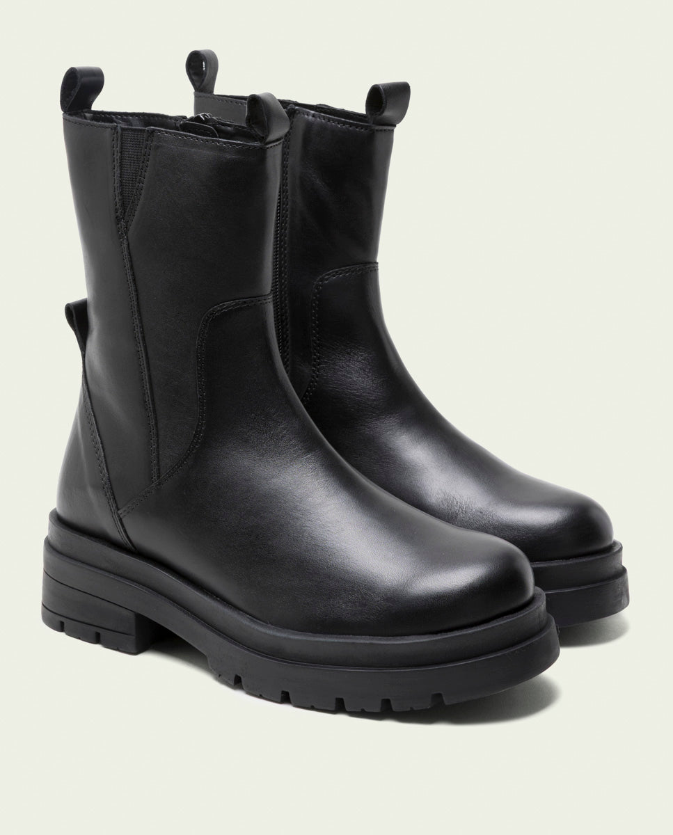 NORA BLACK LEATHER TRACK-SOLE ANKLE BOOTS