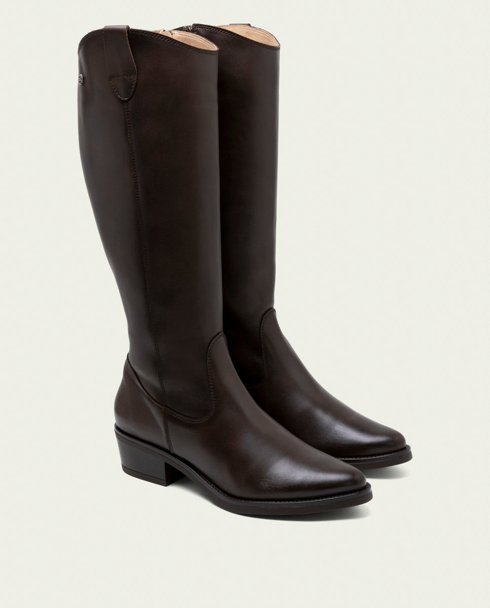 MÓNICA MOCHA WIDE-CALF LEATHER BOOTS