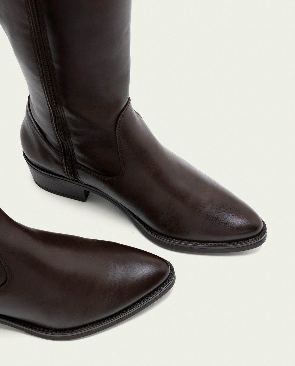 MÓNICA MOCHA WIDE-CALF LEATHER BOOTS