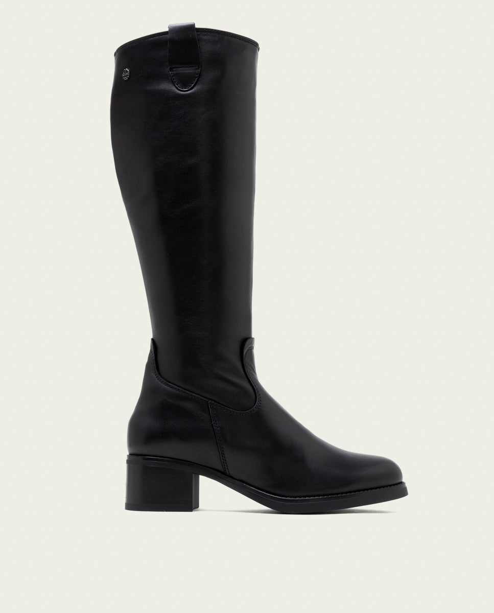 BOTTES EN CUIR À TIGE LARGE ET À TALON OLIVIA NOIR