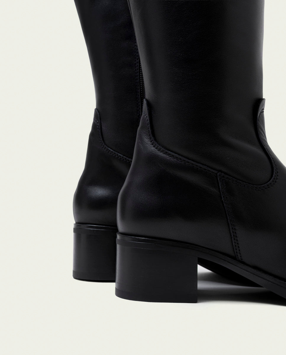 BOTTES EN CUIR À TIGE LARGE ET À TALON OLIVIA NOIR