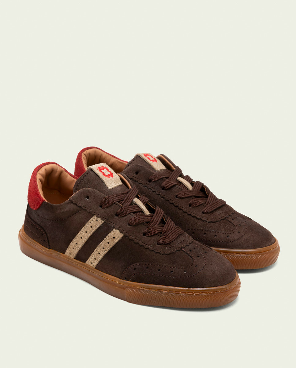 GRETA MOCHA, BEIGE AND RED SUEDE SNEAKERS