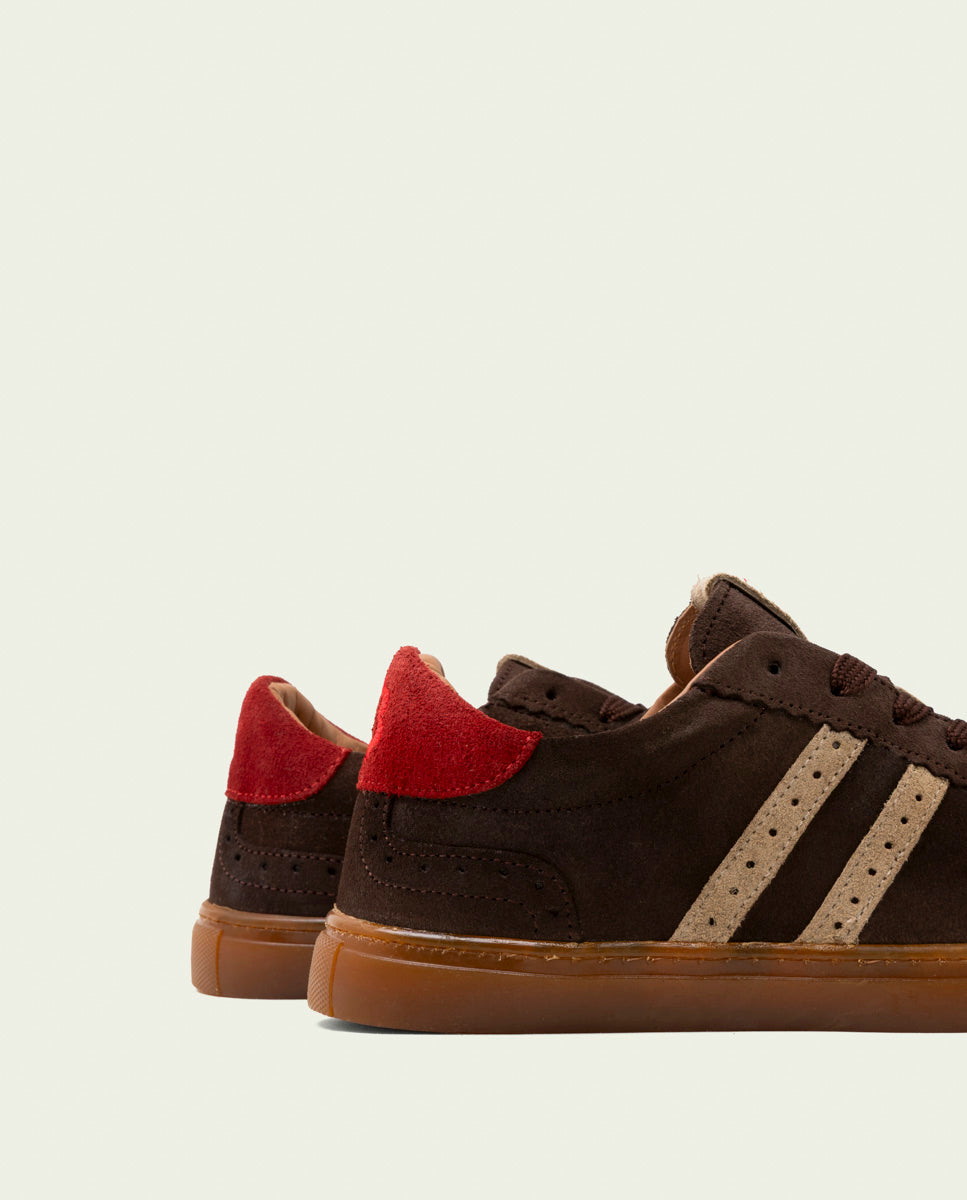 GRETA MOCHA, BEIGE AND RED SUEDE SNEAKERS