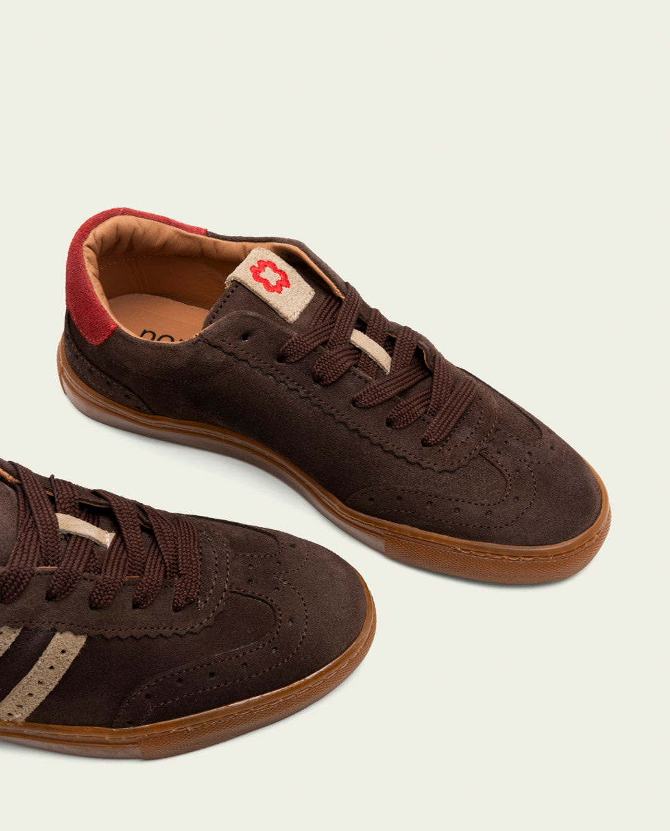 GRETA MOCHA, BEIGE AND RED SUEDE SNEAKERS