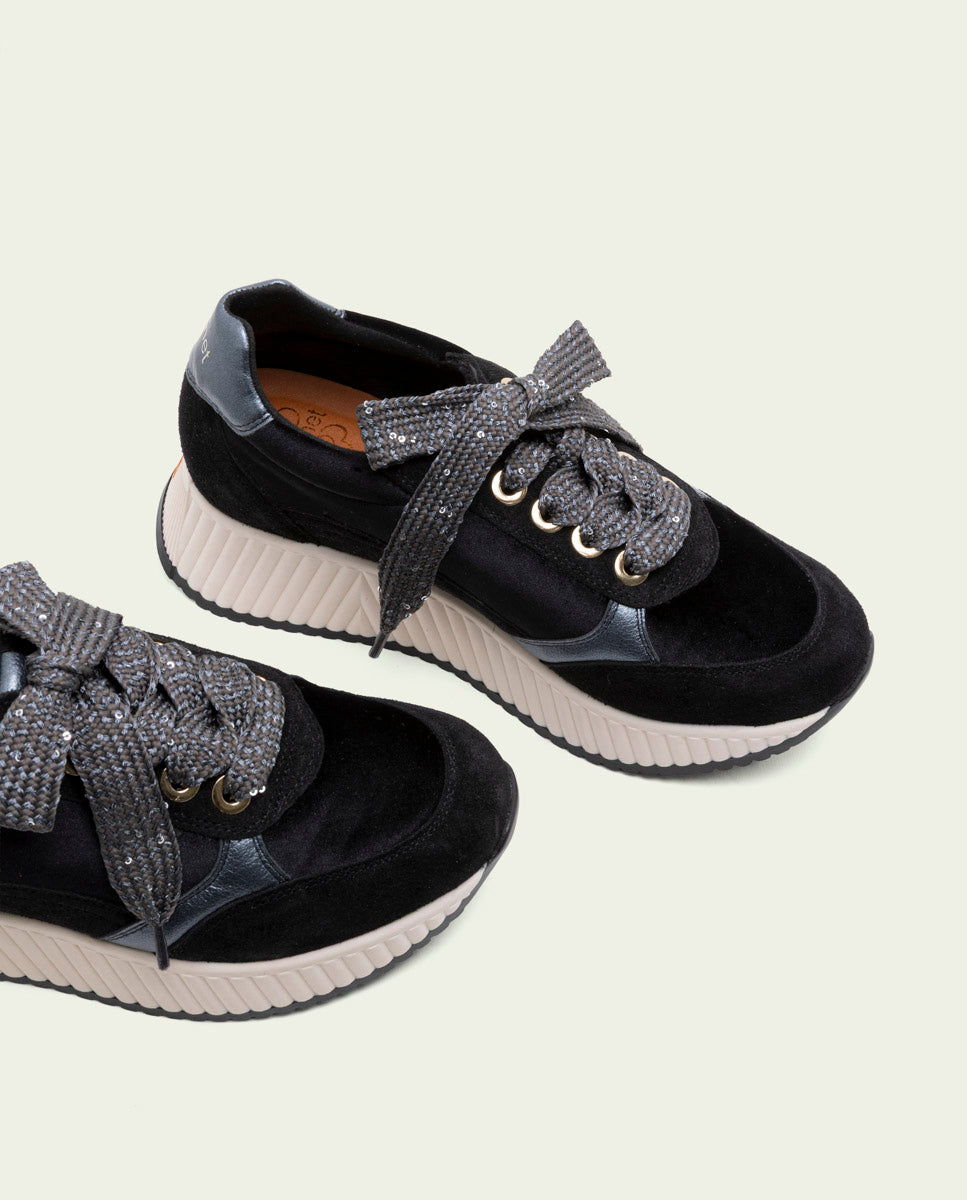 Zoe Noir Flat Leather and Velvet Sneakers