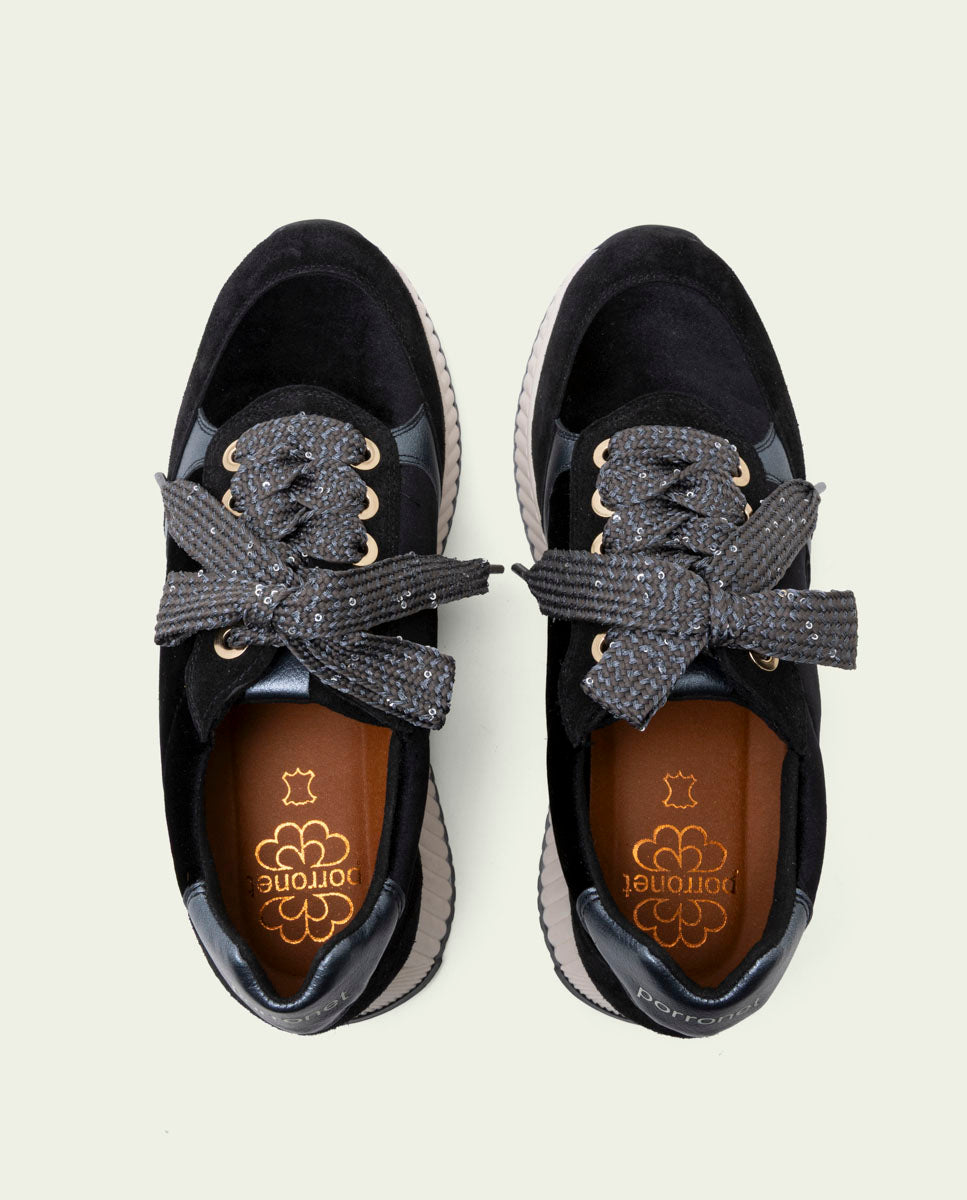 Zoe Noir Flat Leather and Velvet Sneakers