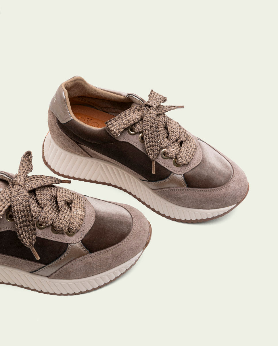 BASKETS PLATES EN CUIR ET VELOURS ZOE TAUPE