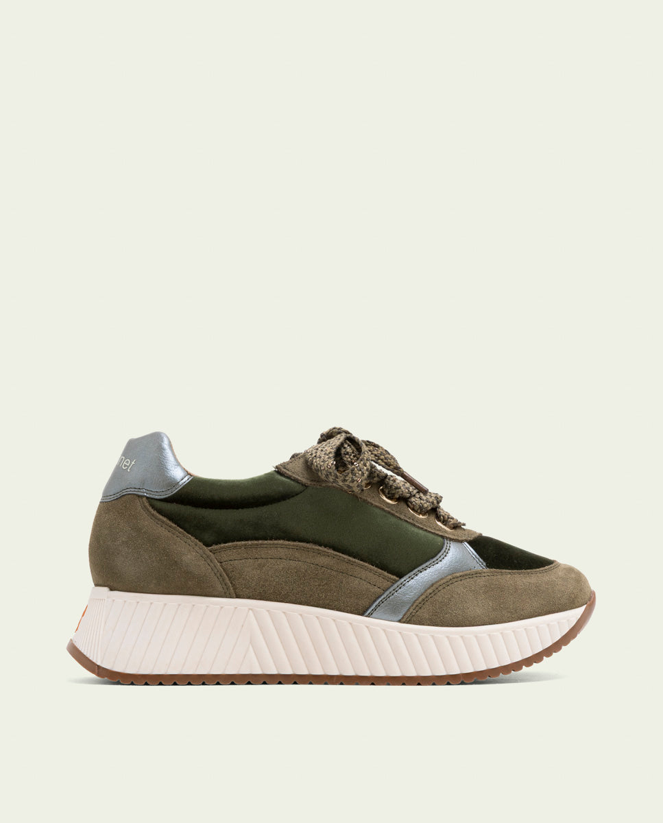 Zoe Khaki Flat Leather and Velvet Sneakers