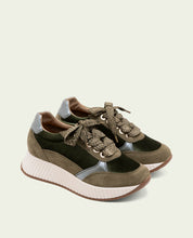 Zoe Khaki Flat Leather and Velvet Sneakers