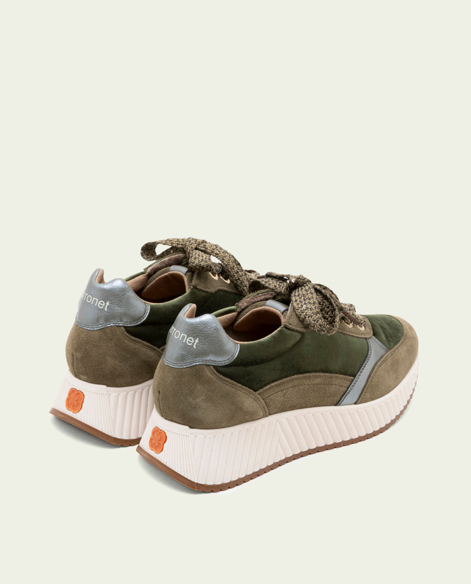 Zoe Khaki Flat Leather and Velvet Sneakers